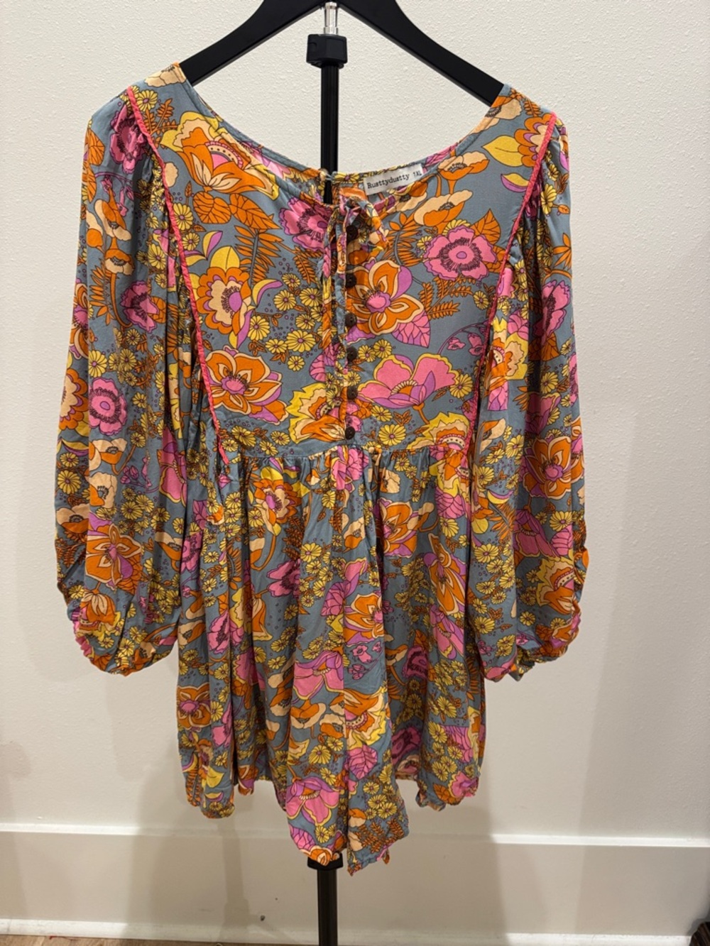 Floral Tie-Front Romper in Gray, Pink & Orange